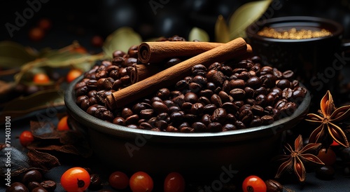 Indoor warmth and aroma fill the air as a bowl of coffee beans, cinnamon sticks, and cloves sit among plants, evoking a sense of spice, chocolate, and comfort
