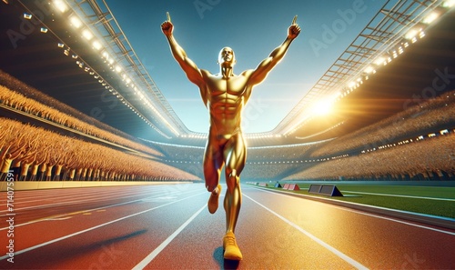 an athletic character celebrating victory on a track and field stadium