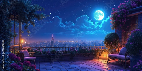 Romantic Moonlit Rooftop Garden - Design an illustration of a rooftop garden bathed in moonlight, featuring blooming flowers, cozy seating, and soft illumination