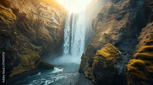  a view of a waterfall with moss growing on the rocks and water running down the side of the waterfall, with the sun shining on the side of the waterfall.