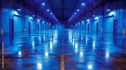 Empty industrial warehouse at night with reflective epoxy flooring