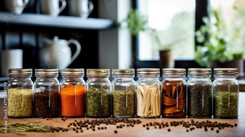 A collection of spices and herbs in glass jars. Generative AI.