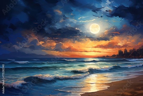  a painting of a sunset on a beach with a full moon in the sky above the ocean and a castle in the distance.