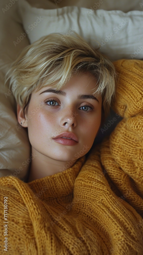 A Beautiful Analog Photo Of A Blonde Woman With Medium Short Hair Resting In A Bed Gorgeous