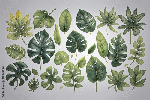 Collection of tropical leaves on grey background. Grey background with diverse tropical leaves