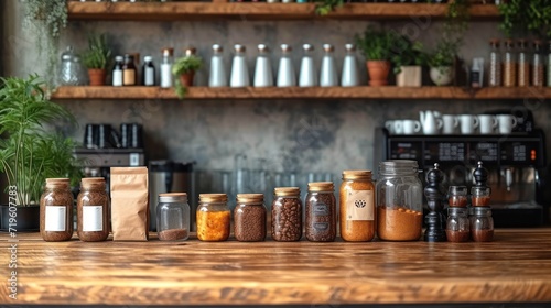  a group of jars sitting on top of a wooden table next to a shelf filled with potted plants and a bag of coffee beans on top of a wooden table.