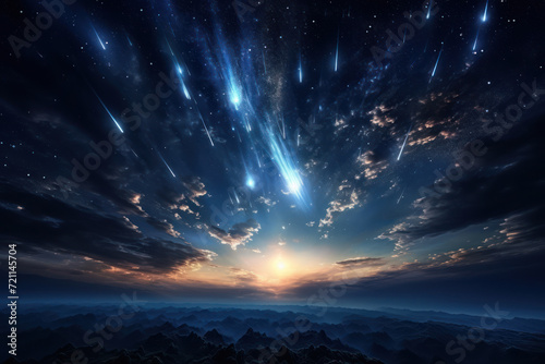 A meteor shower streaks across the night sky, leaving trails of celestial brilliance that ignite a sense of wonder and connection to the vastness of the universe.  Generative Ai.