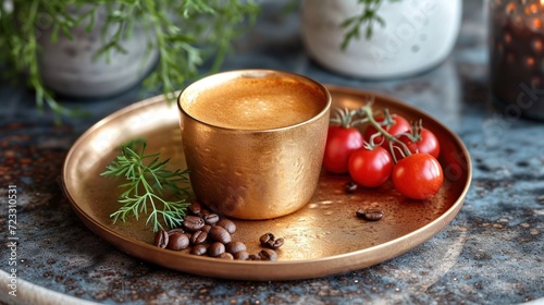  a close up of a plate of food with a cup of coffee and cherry tomatoes on the side of the plate and a pot of tomatoes on the other side.