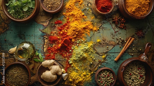 An array of colorful spices and herbs scattered across an old world map, suggesting culinary journeys and the fusion of flavors across cultures.