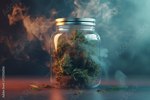 Glass jar with smoke and cannabis