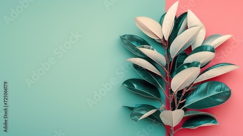 Rubber plant with variegated leaves against a dual-tone background