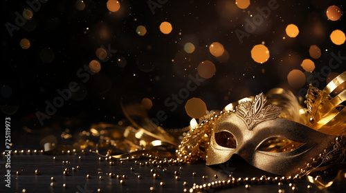 Maska na bal karnawałowy - złote tło na karnawał. Impreza na ostatki. Kolorowy błyszczący szablon na plakat lub baner na social media.