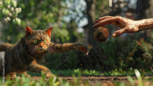 A zombie cat with a missing eye is seen trying to play fetch with a human hand instead of a ball in a park much to the confusion of their living feline friends.