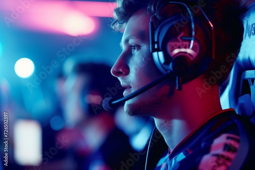 man wearing a headset and team jersey participating in an esports event