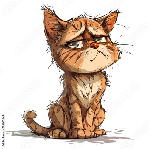 A cartoon cat with a grumpy expression, staring off to the right. It has a scruffy, orange and white coat and its eyes are a light yellow with dark circles under them. Its ears are perked slightly for