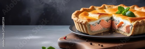 Classic pie with salmon and white fish on wooden board Composition with fish pie on concrete background with textile and spices Homemade pie with fish in rustic style on gray table. Creative Banner. s