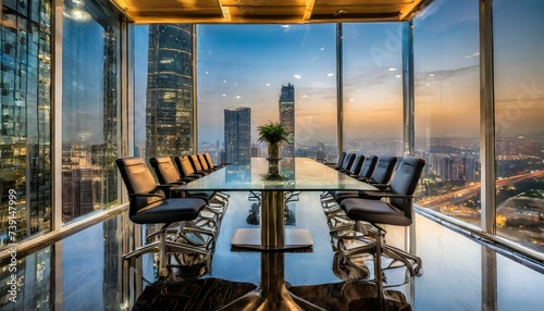 Corporate boardroom in a large city office at twilight