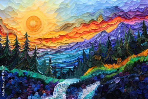 Paper quilling painting Sunset in the mountains: contour stripes - a mountain river waterfall, part of the sky, 3D volumetric quilling forest on the mountain slopes, corrugated quilling flowering mead