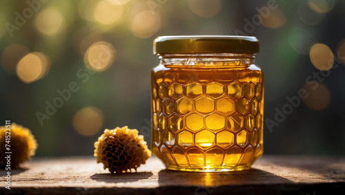 jar of honey with bokeh background