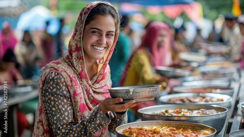 Indian smiling girl volunteer serving langar dish on the street on Baisakhi holiday, idea of spirit of mutual help