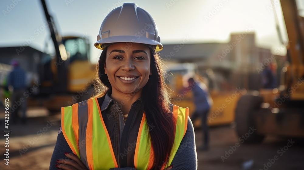 Female Construction Site Manager Wear A Life Jacket And Helmet They