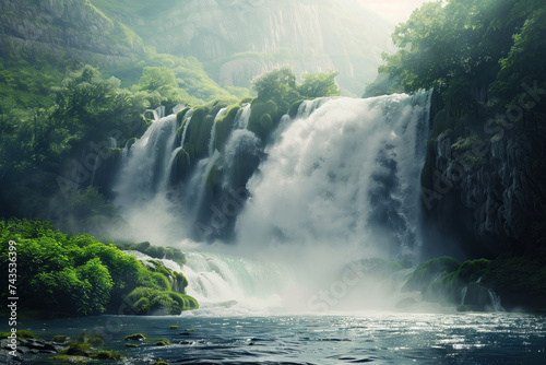 Waterfall in the forest. Water is the source of life. A slide background for showcasing the importance of water. Background image. Created with Generative AI technology.