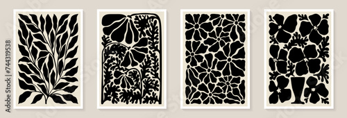 Set of trendy vintage wall prints with black and white flowers, leaves, shapes. Modern aesthetic style Collection of contemporary artistic Design wall decoration, postcard, poster, brochure