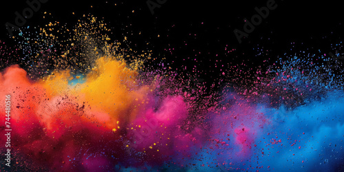 Explosion of colorful powder on black background. rainbow explosion explode burst isolated splatter abstract,Colorful rainbow holi powder splash, smoke or fog particles explosive special effect	
