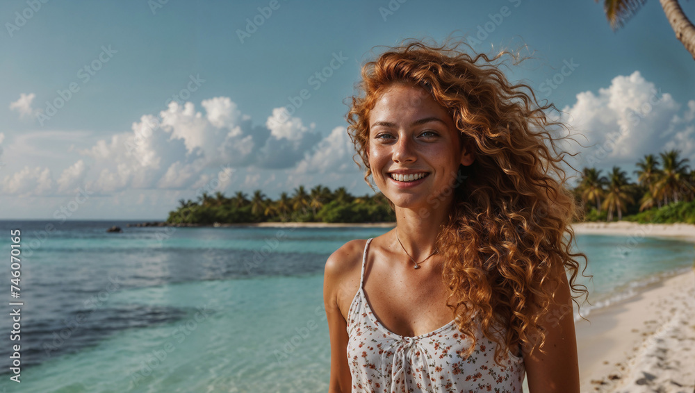Bellissima Ragazza Dai Capelli Rossi Lunghi E Ricci In Bikini Sorride Sulla Spiaggia Di Un
