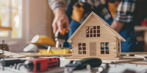 Small wooden house model with blur worker background 
