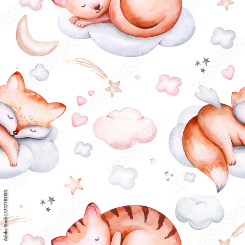 Watercolor pattern for children with sleeping cat and fox. print for baby fabric, poster pink with beige and blue clouds, moon, sun. Nursery kitty print illustration textile