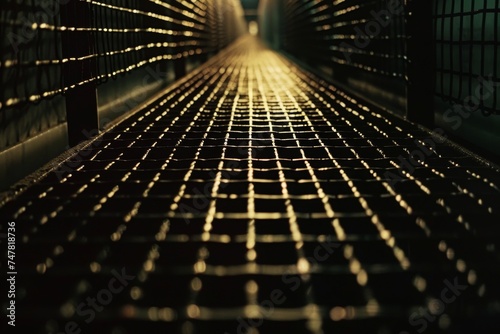 light and shadow on a metallic grid walkway, creating a sense of depth and perspective