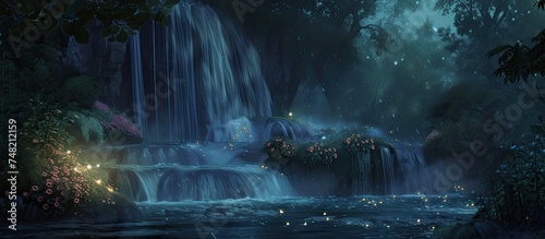 A painting depicting a waterfall in the midst of a dense forest at night, capturing the blur of falling water in the darkness.