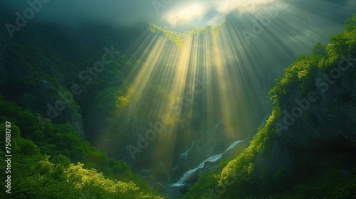  a painting of a waterfall in the middle of a forest with sunlight streaming through the trees and the water running down the side of the cliff to the bottom of the waterfall.
