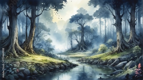 Watercolor painting illustration of panoramic landscape view of a dark fantasy magical forest from Generative AI