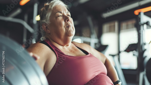 An overweight mature elderly middle aged woman stands with her back in the gym preparing to play sports, the concept of an active life in old age, taking care of the body 
