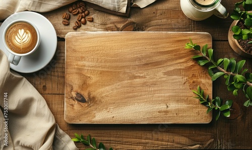 Wooden cutting board with cup of coffee on table, top view