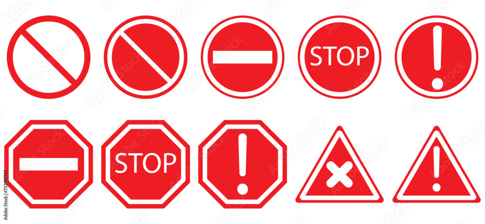 Set Stop Red Sign Icon With White Hand Do Not Enter Warning Stop Sign