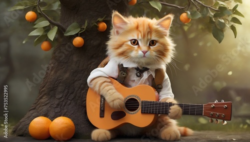 cute cat playing guitar under the orange tree.