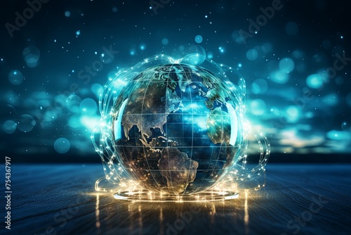 Futuristic digital technology network background with Night city world map big data transfer global communication