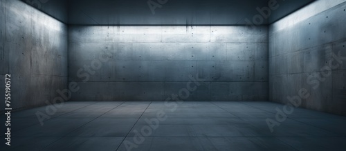 A dimly lit room with concrete walls and floor, creating an atmosphere of industrial minimalism. The stark, cold surfaces reflect the ambient lighting, casting shadows that add depth to the space.