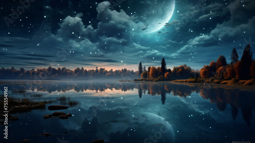 A serene lake reflecting a starry sky with a full moon