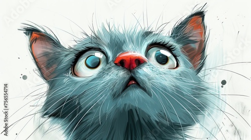 Cute cat with blue eyes and red nose. Digital painting.