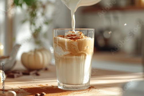 Pouring milk into a glass with warm coffee drink with pumpkin spice or cinnamon, whipped milk foam and chocolate in a white sunlit modern kitchen interior. Generative AI technology See Less