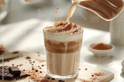 Pouring milk into a glass with warm coffee drink with pumpkin spice or cinnamon, whipped milk foam and chocolate in a white sunlit modern kitchen interior. Generative AI technology See Less