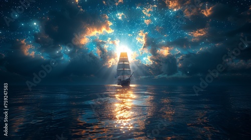 An imaginary seascape with a vintage sailboat in the open sea and a full moon. 3D illustration.