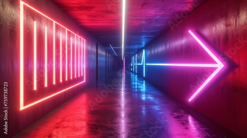 An abstract composition of neon lights creating arrows, guiding the line of sight down a moody, colored hallway