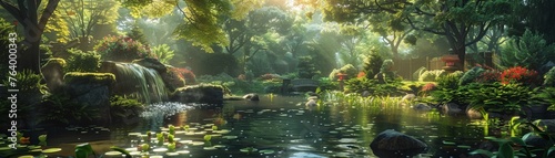 Capture the essence of holistic healing in a captivating panoramic image, featuring a serene landscape with elements like a tranquil garden, flowing water, healing crystals, and individuals practicing