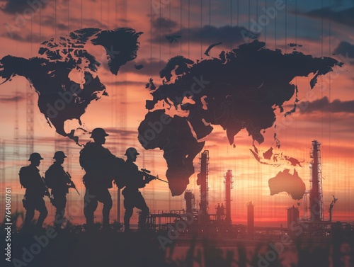 Silhouettes of soldiers against a sunset with a world map and industrial backdrop symbolize geopolitical influence and military power.