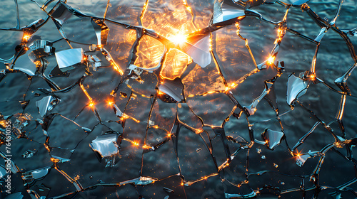 Shattered mirror reflections on water surface at sunset, casting a mosaic of light and fragmented perspectives